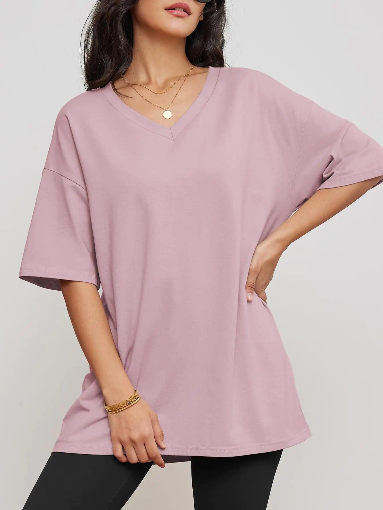 ATHMILE Womens Oversized T Shirts V Neck Tees Half Sleeve Cozy Comfy Tunic 2024 Y2K Tops Casual Small Dark Pink - Evallys.com # #