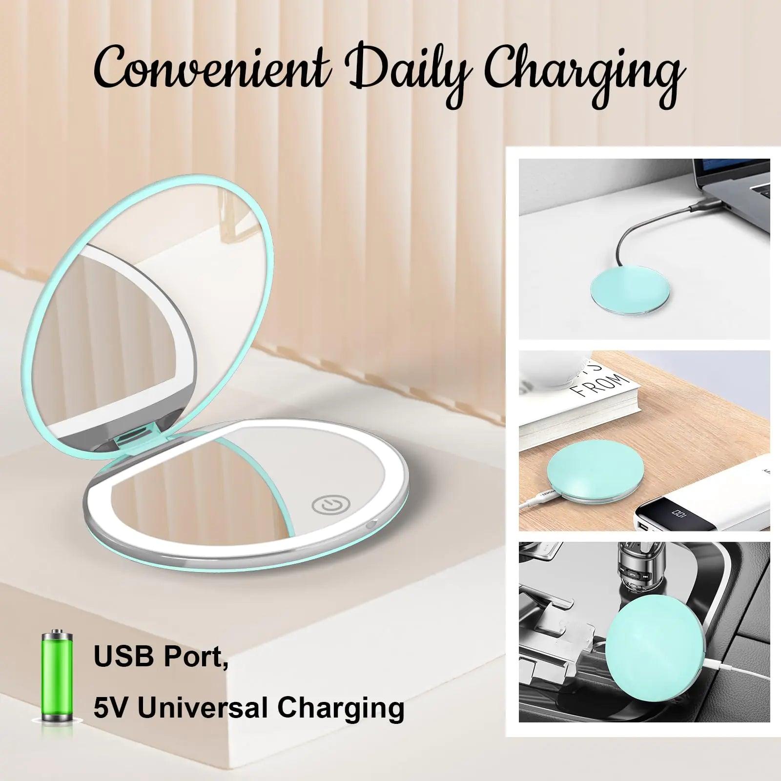 Compact Mirror with Light, 1X/3X Magnification LED Pocket Mirror with USB Data Cable, Mint Green Mini Mirror for Purse, Pocket,Travel and Present - Evallys.com # #