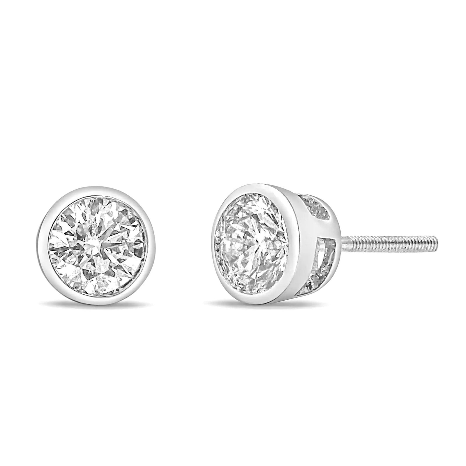 14K White Gold Lab Grown Diamond Screw-Back Classic Bezel Solitaire Stud Earrings (G-H Color, VS2-SI1 Clarity) - Evallys.com # #