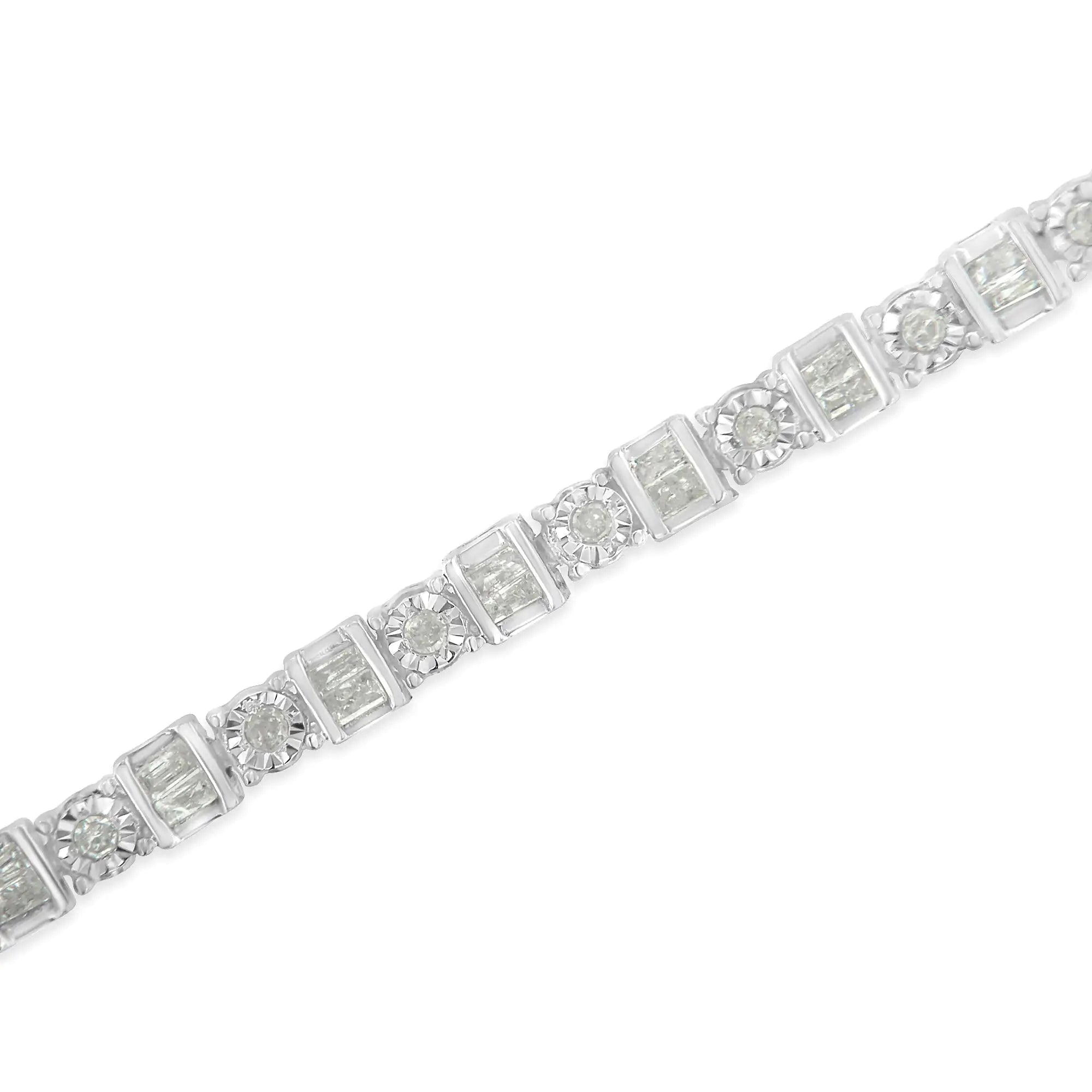 .925 Sterling Silver 1.0 Cttw Round & Baguette Cut Diamond 7" Alternating Round and Square Station Tennis Bracelet (I-J Color, I3 Clarity) - Evallys.com # #