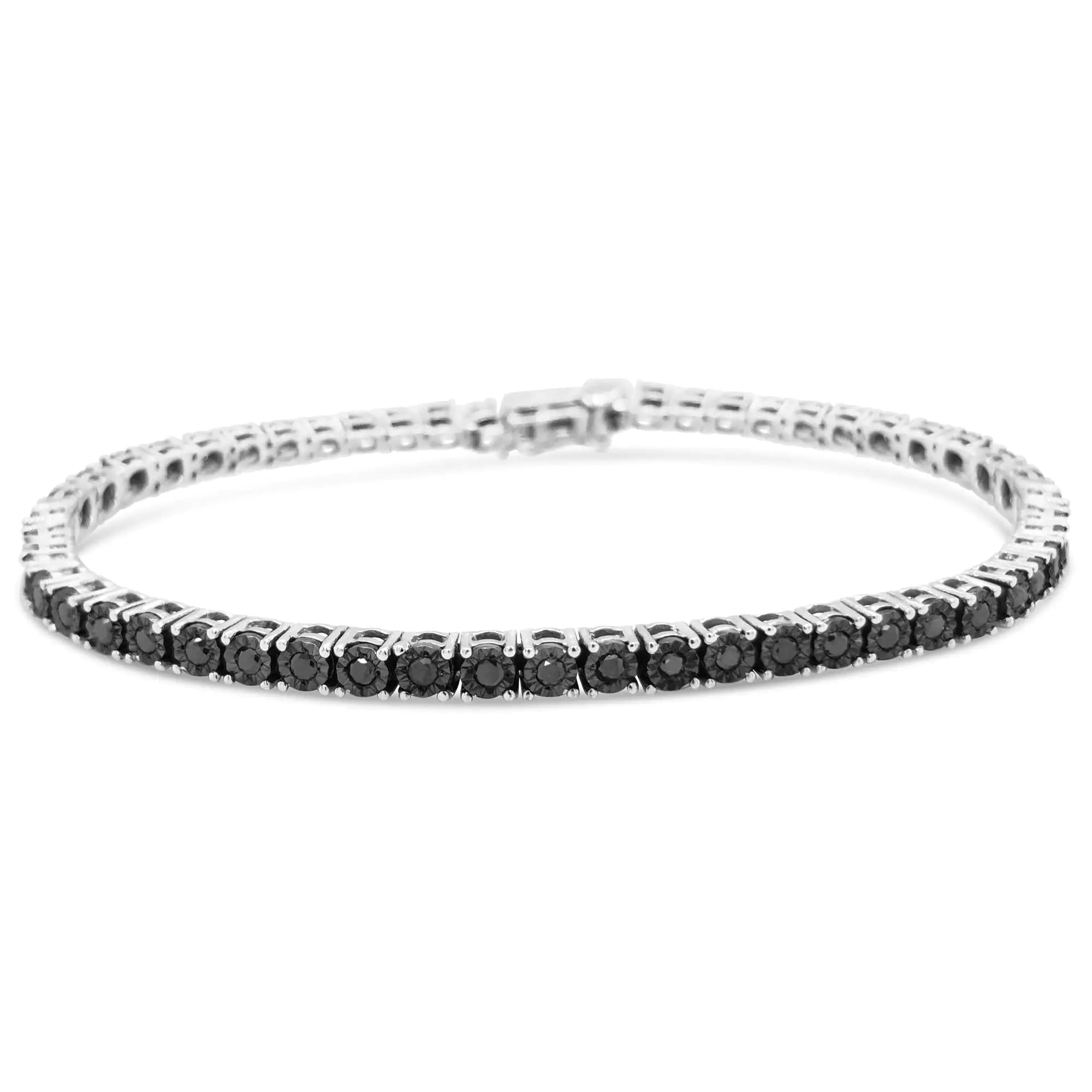 .925 Sterling Silver 1.0 Cttw Miracle-Set Treated Black Diamond Round Miracle Plate Tennis Bracelet (Black Color, I3 Clarity) - 7.25" - Evallys.com # #