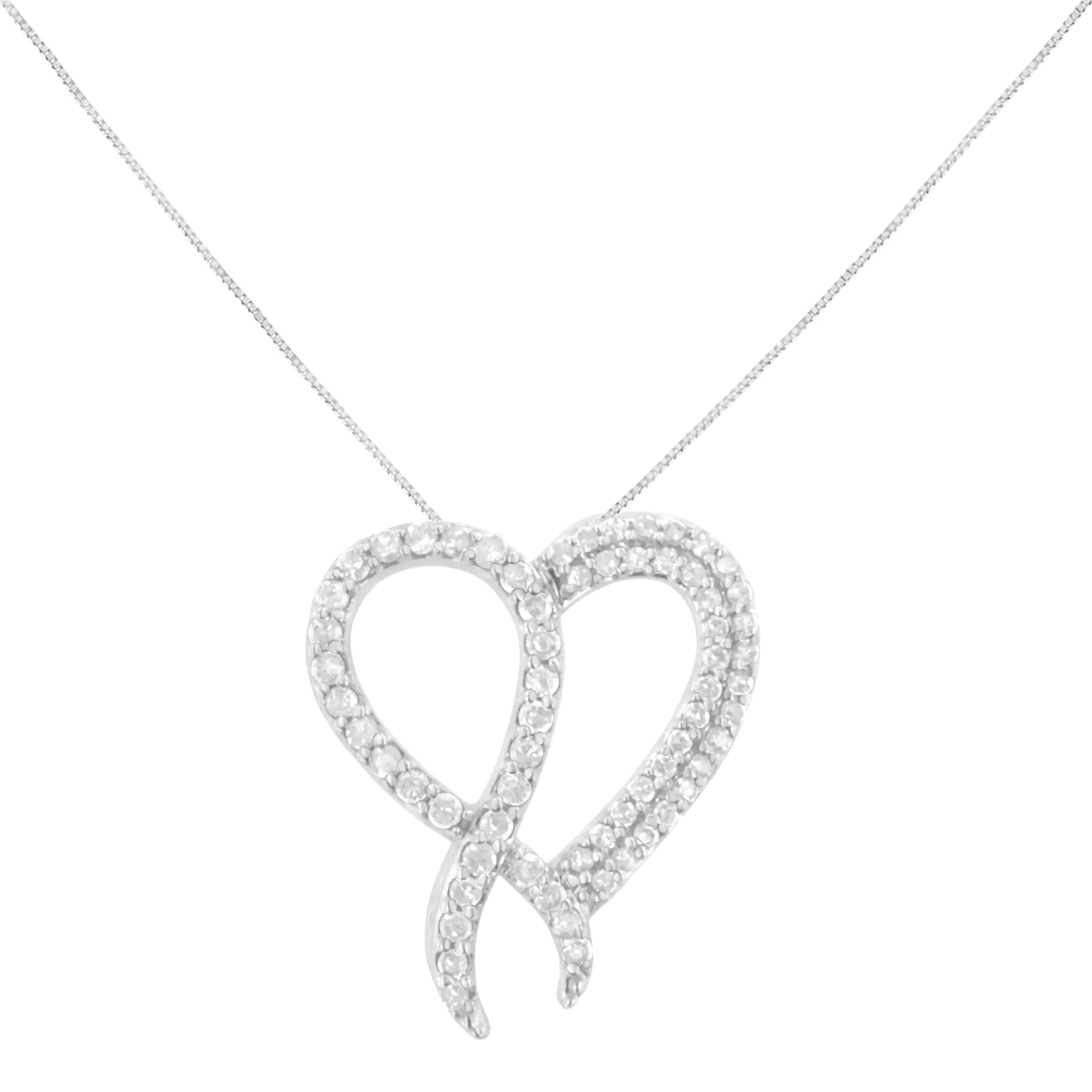 .925 Sterling Silver 1 cttw Diamond Heart and Ribbon 18" Pendant Necklace (I-J Clarity, I2-I3 Color) - 18" - Evallys.com # #