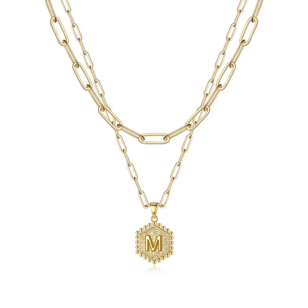 M MOOHAM Dainty Gold Necklace for Women - 14K Solid Gold Over Layering Necklaces for Women Cute Hexagon Letter Initial Necklaces for Women Gold Layered Necklaces for Women Jewelry Gifts 18 IN M - Evallys.com # #