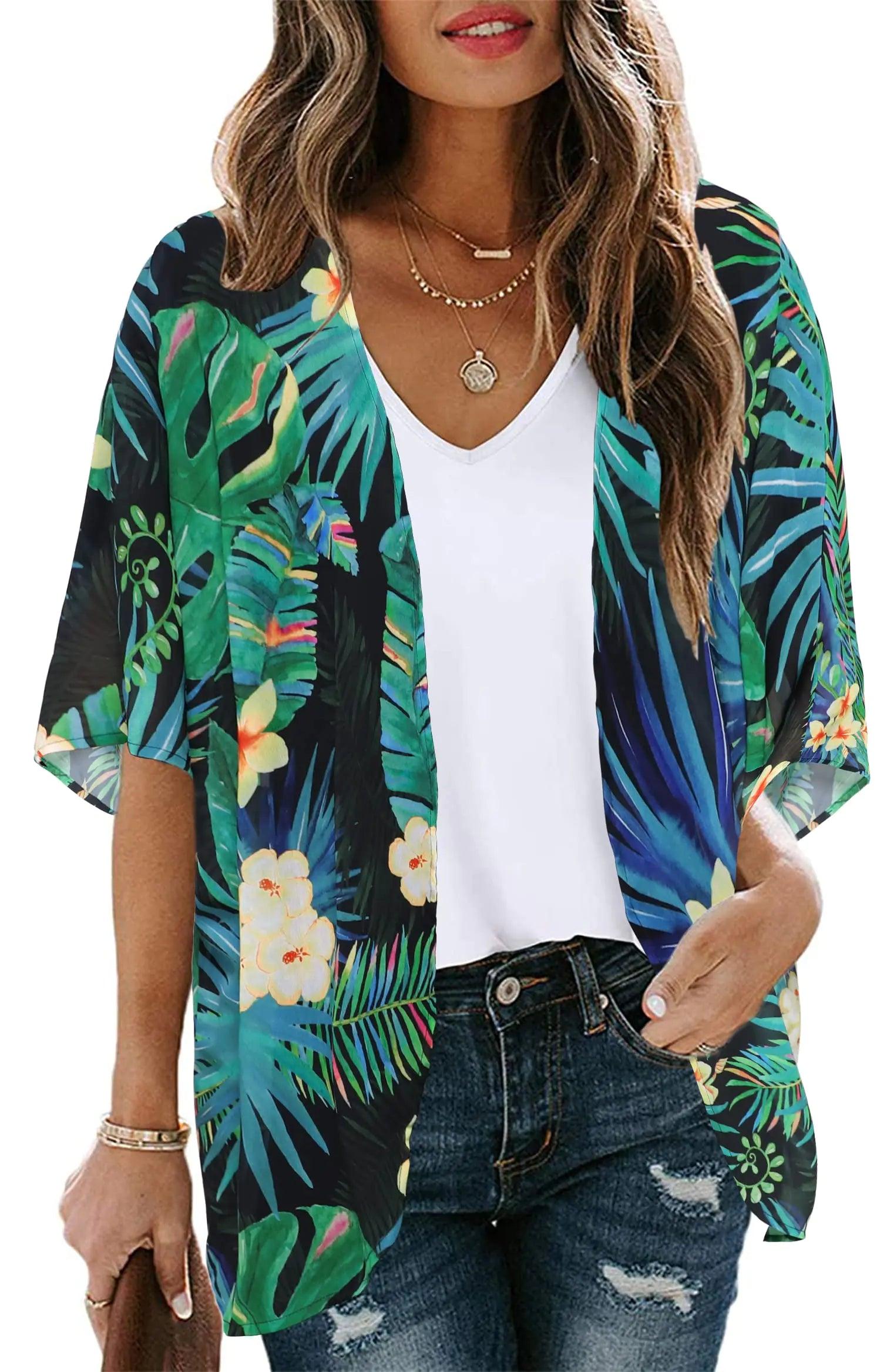 Women's Floral Print Puff Sleeve Kimono Cardigan Loose Cover Up Casual Blouse Tops Small Orange Black - Evallys.com