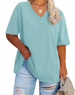 Women's Plus Size V Neck T Shirts Summer Half Sleeve Tees Casual Loose Fit Cotton Tunic Tops XX-Large Plus Khaki - Evallys.com