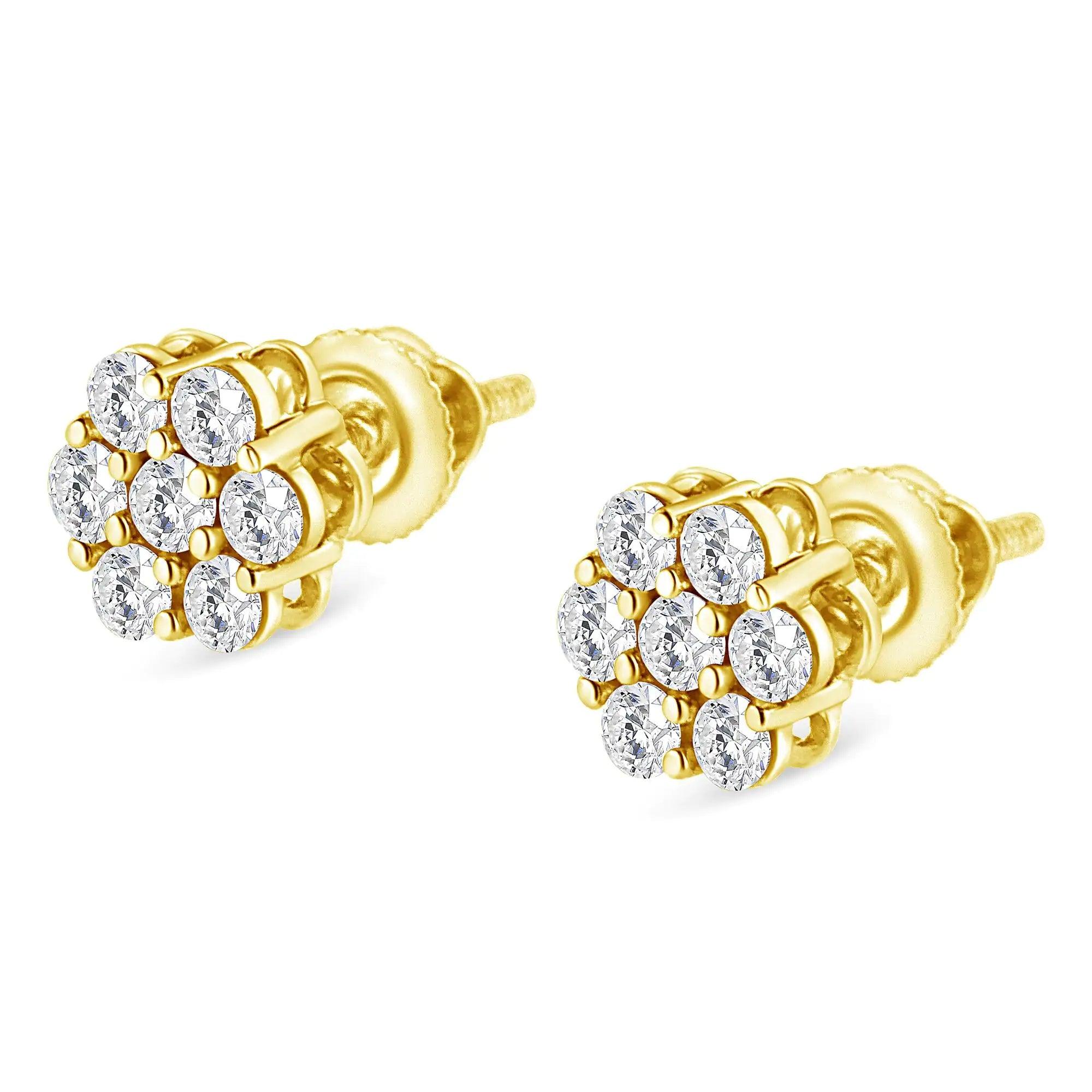 14K Yellow Gold 1/2 Cttw Round Brilliant Cut Diamond Floral Cluster Screwback Stud Earrings (I-J Color, SI2-I1 Clarity) - Evallys.com