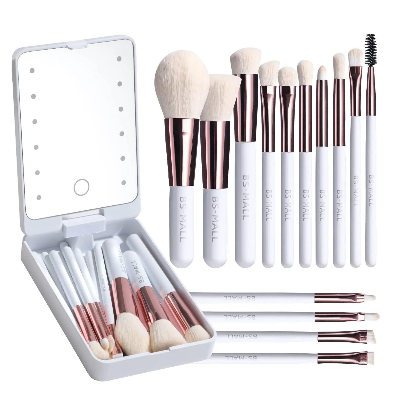 BS-MALL Travel Makeup Brush Set Foundation Powder Concealers Eye Shadows Makeup Set with LED light Mirror 14 Pcs (White)… White - Evallys.com # #