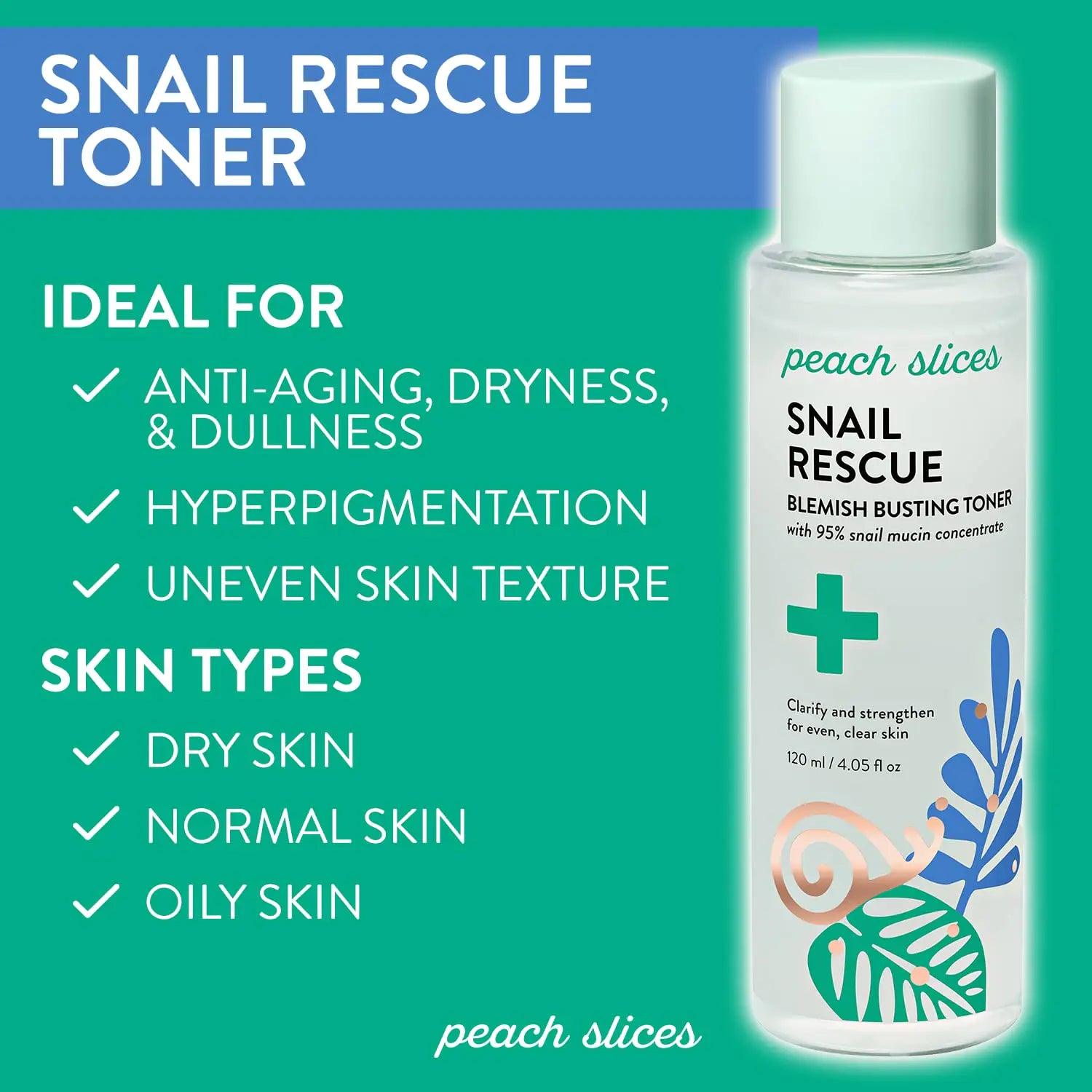 Peach Slices | Snail Rescue Blemish Busting Toner | 95% Snail Mucin | Pore Cleaner | Hydrates & Balances | Korean Skin Care | CICA | Hyaluronic Acid | Non-Comedogenic | Cruelty-Free | 4.05 oz - Evallys.com # #