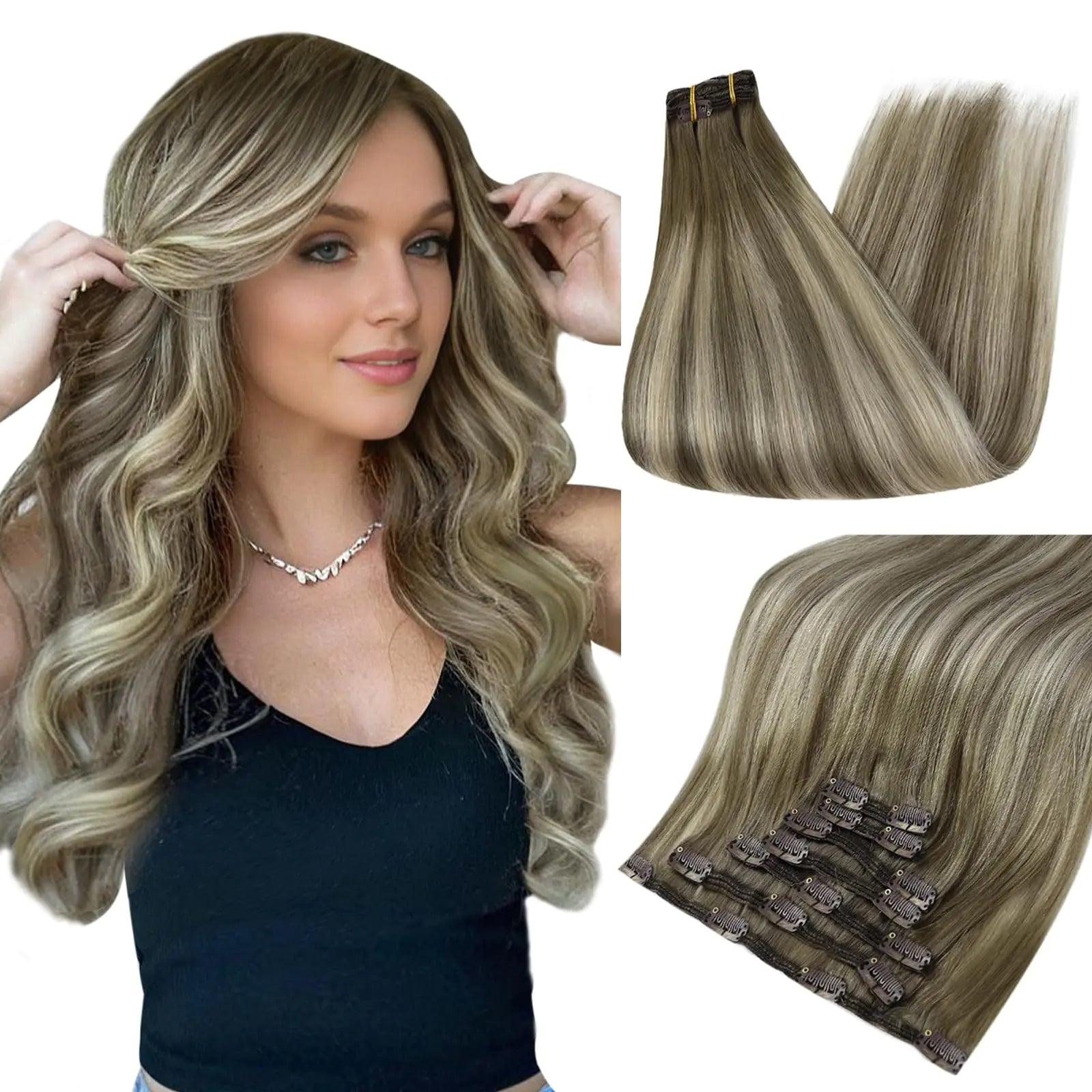 Full Shine Clip in Human Hair Extensions 20 Inch Seamless Clip in Hair Extensions Straight Remy Hair Cool Taupe Ombre Highlight Blonde Damage Free Hair Extensions Clip ins 20 Inch(Pack of 1) #7/800/7 Cool Taupe Mix Blonde - Evallys.com # #