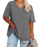 Women's Plus Size V Neck T Shirts Summer Half Sleeve Tees Casual Loose Fit Cotton Tunic Tops XX-Large Plus Khaki - Evallys.com