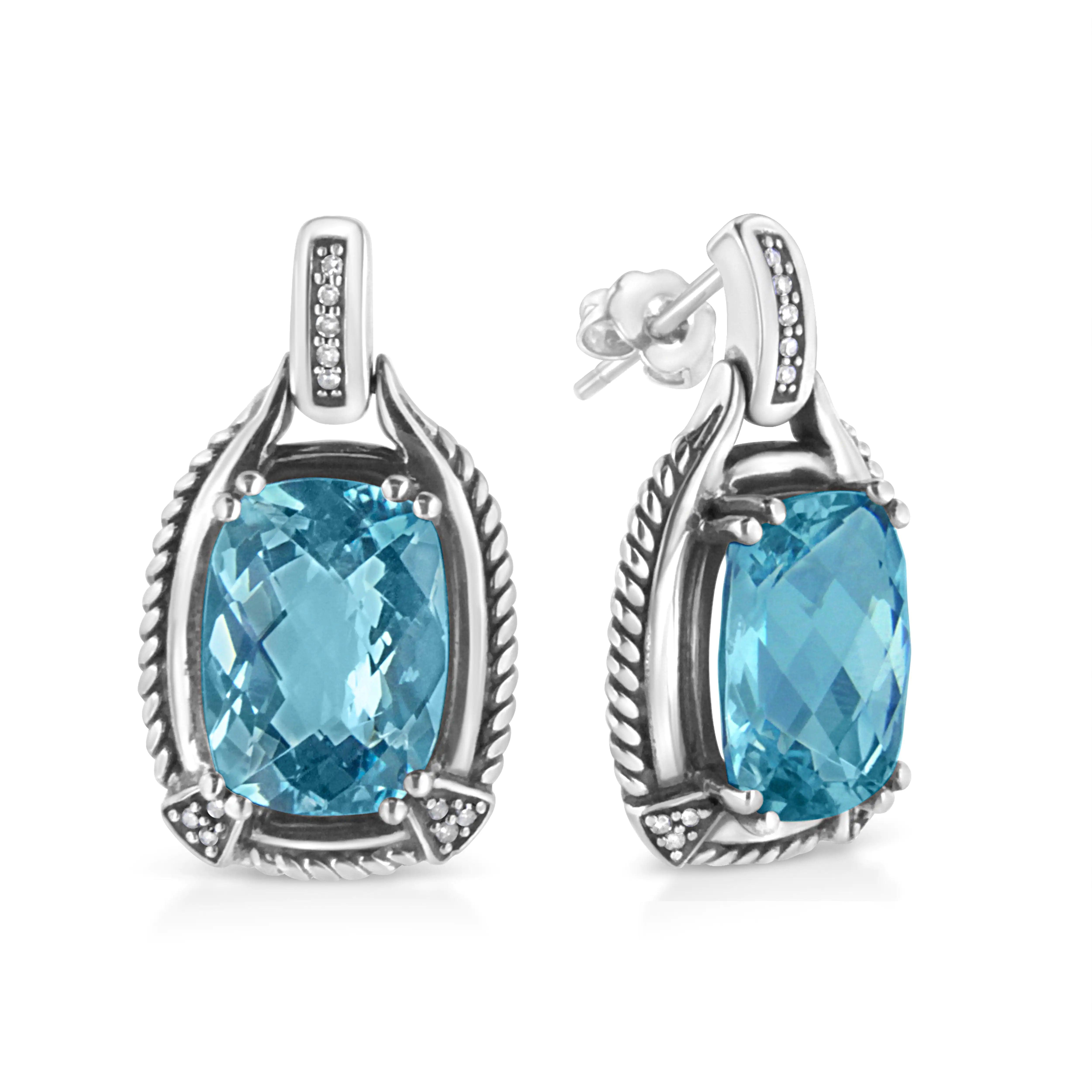 .925 Sterling Silver 14x10MM Cushion Cut Blue Topaz Gemstone and Diamond Accent Dangle Earring (I-J Color, I1-I2 Clarity) - Evallys.com # #