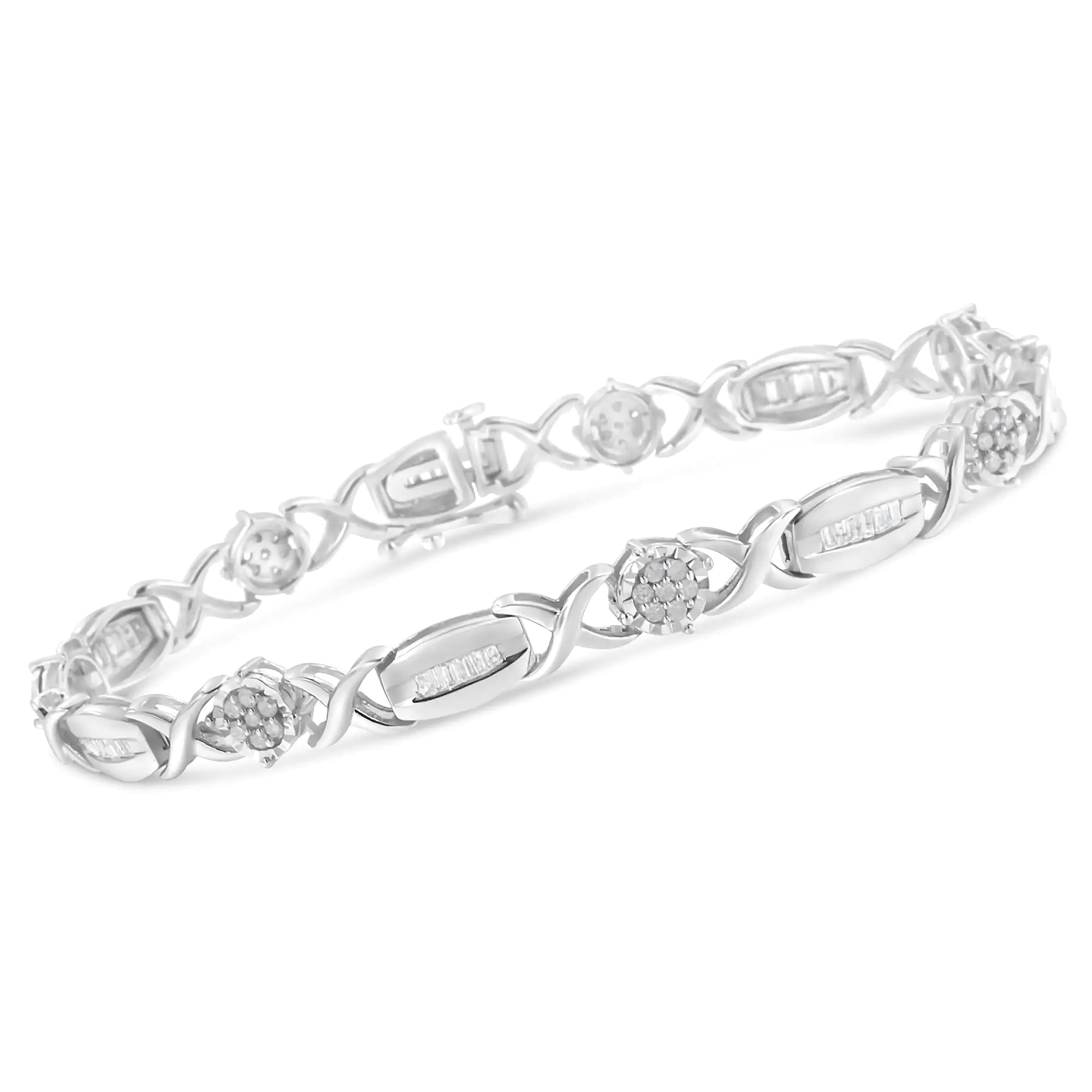 .925 Sterling Silver 1.0 Cttw Round-Cut and Baguette-Cut Diamond X-Link Bracelet (I-J Color, I1-I2 Clarity) - 7" - Evallys.com # #