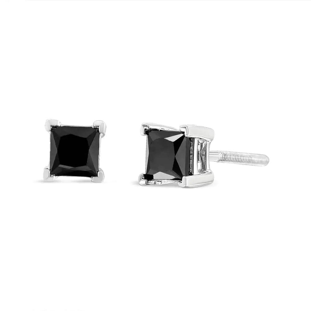 14K White Gold Princess-Cut Treated Black Diamond Classic 4-Prong Stud Earrings - Evallys.com # #