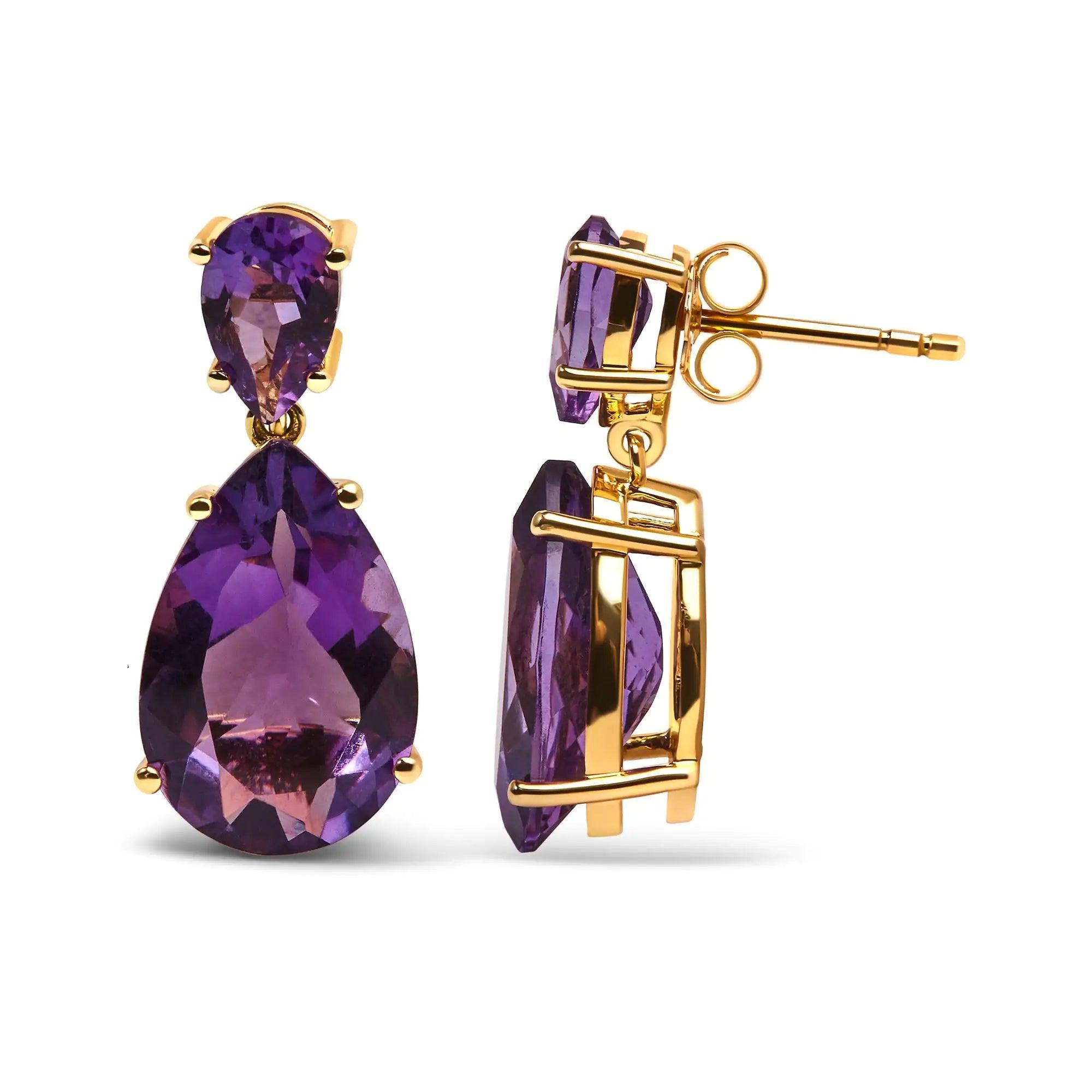 10K Yellow Gold Plated .925 Sterling Silver 12 2/5 Cttw Pear Shaped Purple Brazilian Amethyst Double Dangle and Drop Earring - Evallys.com # #