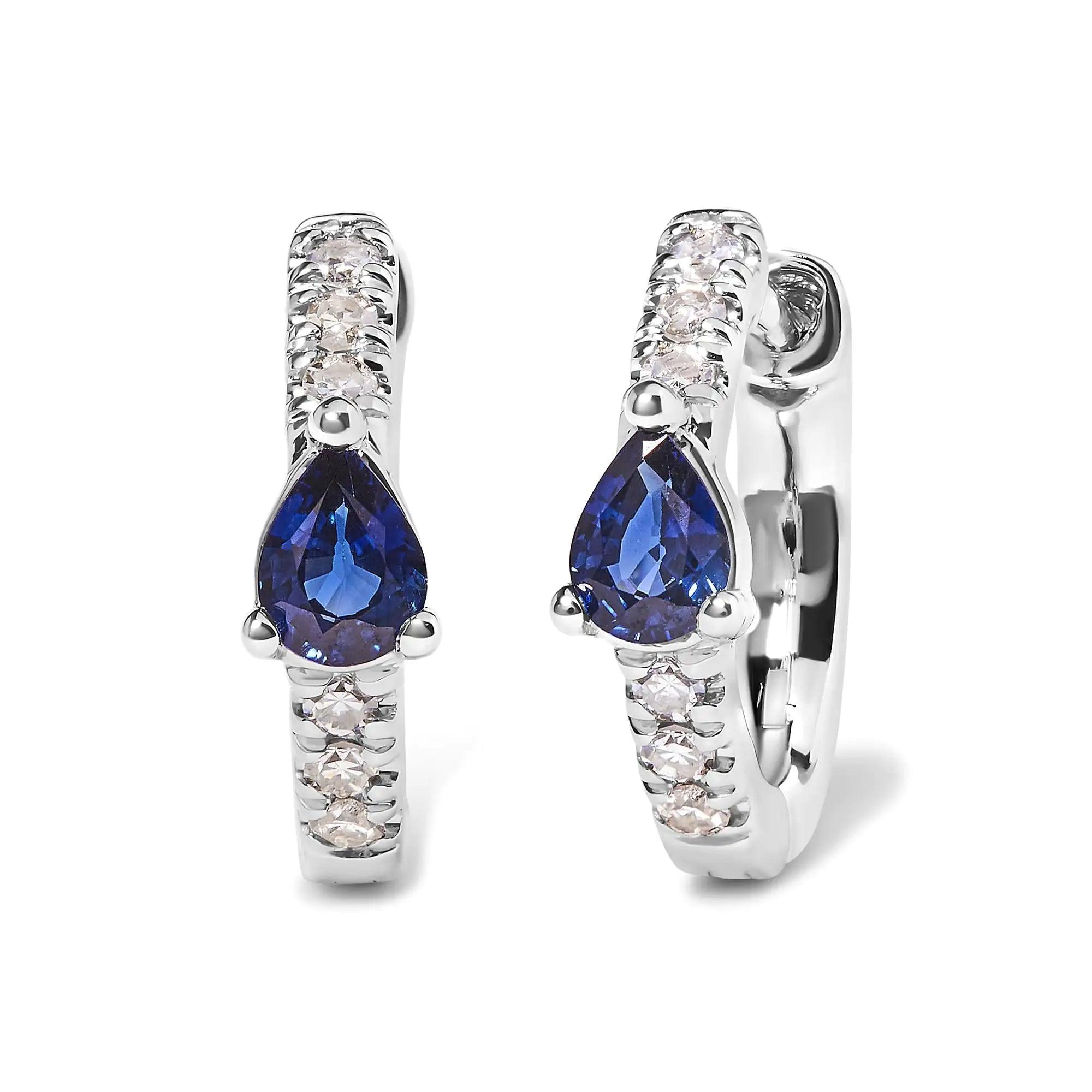 10K White Gold Pear Shaped Blue Sapphire and 1/10 Cttw Diamond Huggy Hoop Earrings (H-I Color, I1-I2 Clarity) - Evallys.com # #