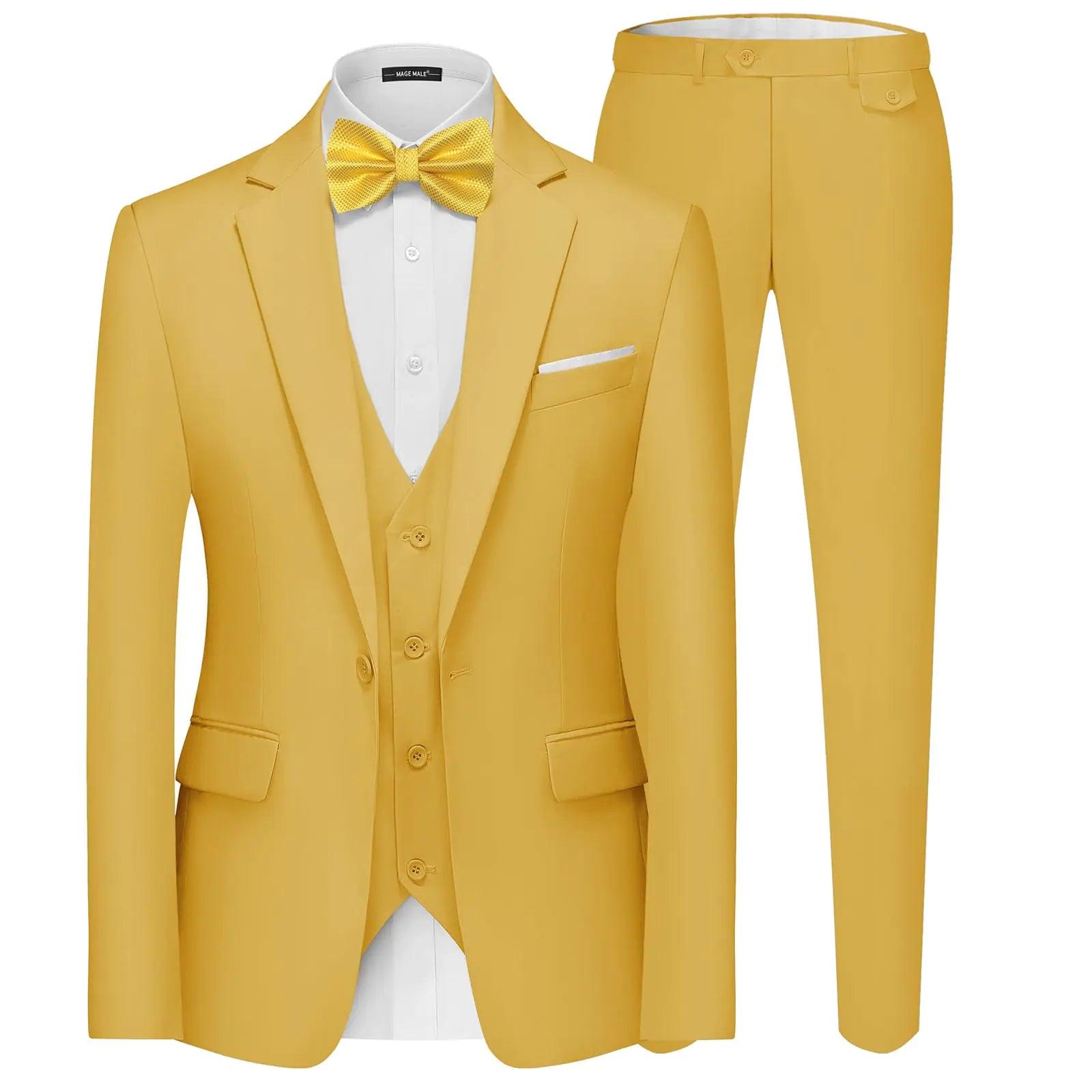 MAGE MALE Men's 3 Pieces Suit Elegant Solid One Button Slim Fit Single Breasted Party Blazer Vest Pants Set Medium Yellow - Evallys.com # #