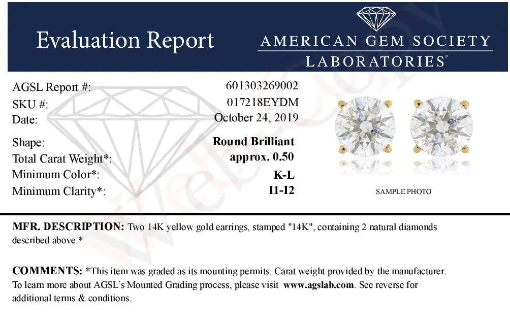 AGS Certified 1/2 Cttw Round Brilliant-Cut Diamond 14K Yellow Gold Classic 4-Prong Solitaire Stud Earrings (K-L Color, I1-I2 Clarity) - Evallys.com # #