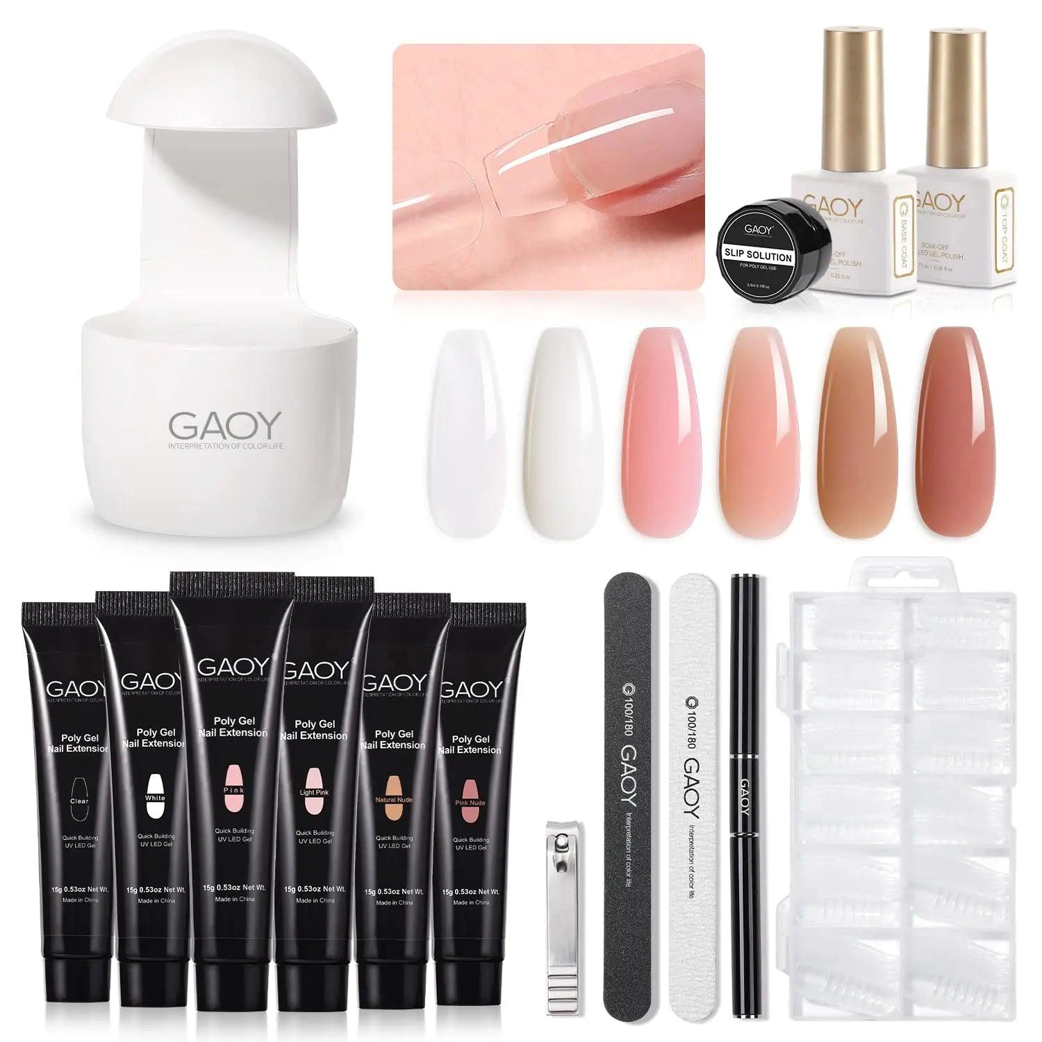 GAOY Poly Gel Nail Kit with U V Light Starter Kit, 6 Colors Nude Pink Black Builder Gel Nail Extension Kit for Beginners with Everything Nail Art DIY at Home Set C - Evallys.com # #