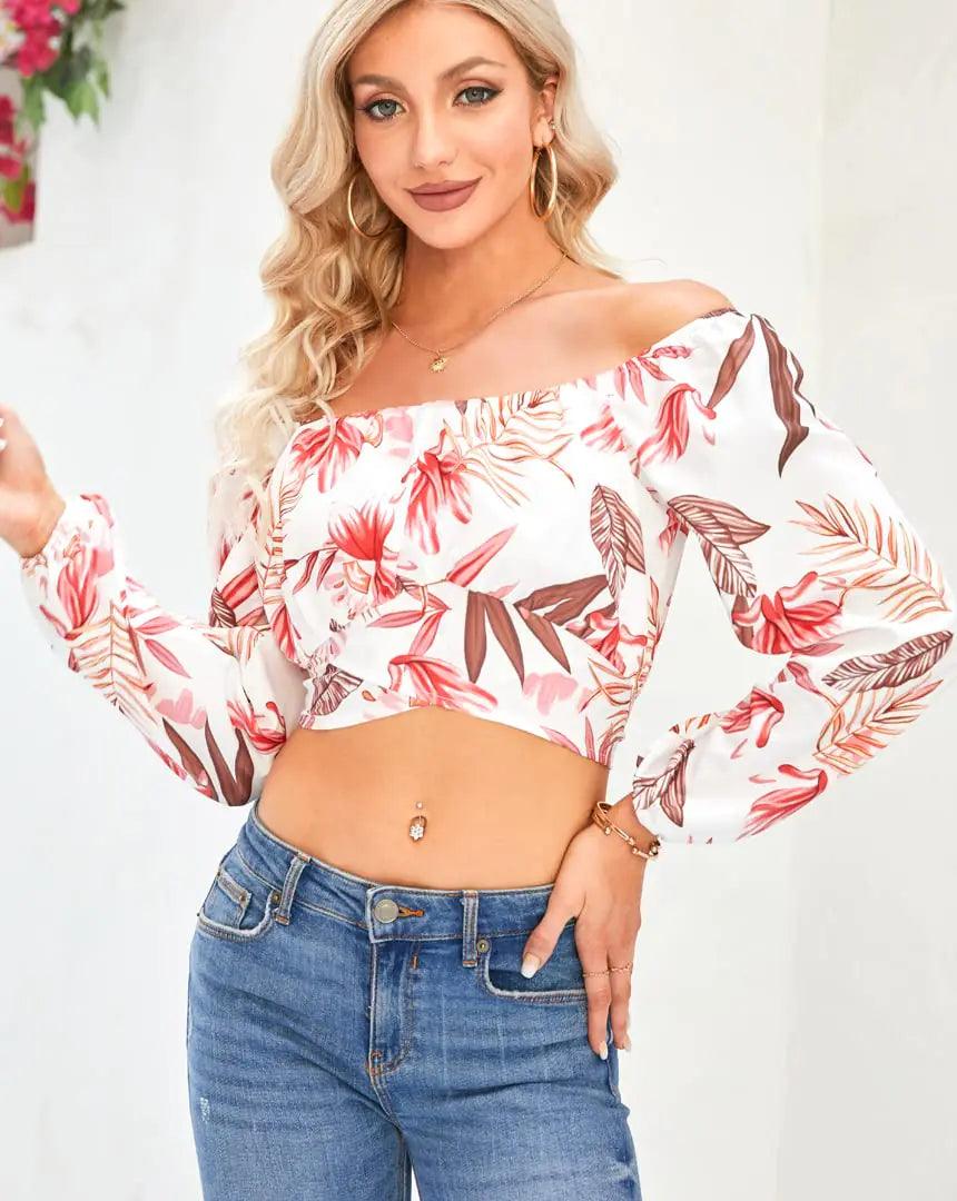 MIRACMODA Woman Off Shoulder Ruched Tie Back Crop Top Summer Lantern Sleeve Boho Shirt Blouse Large Leaves - Evallys.com # #