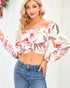 MIRACMODA Woman Off Shoulder Ruched Tie Back Crop Top Summer Lantern Sleeve Boho Shirt Blouse Large Leaves - Evallys.com # #
