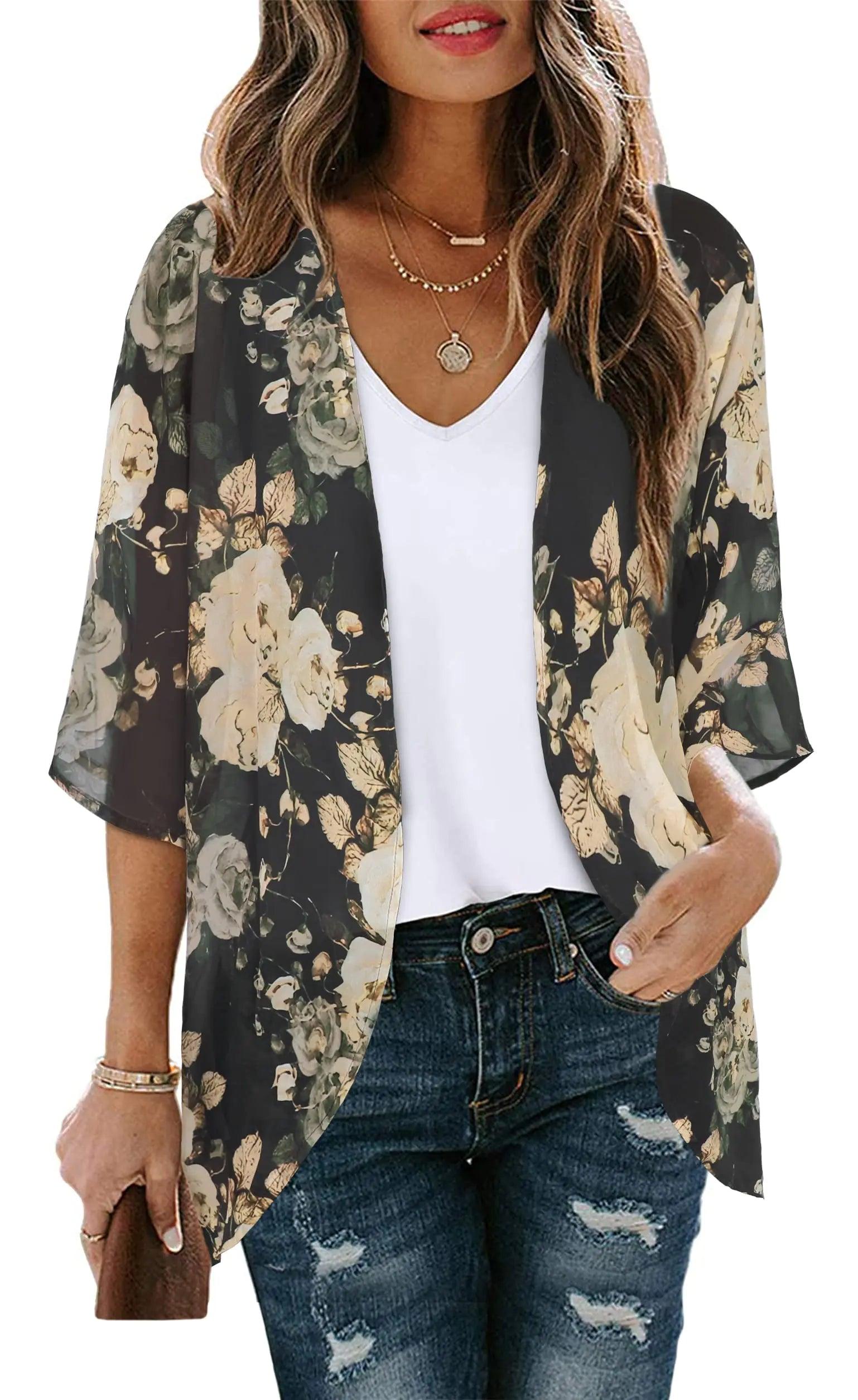 Women's Floral Print Puff Sleeve Kimono Cardigan Loose Cover Up Casual Blouse Tops Small Orange Black - Evallys.com # #