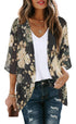 Women's Floral Print Puff Sleeve Kimono Cardigan Loose Cover Up Casual Blouse Tops Small Orange Black - Evallys.com # #