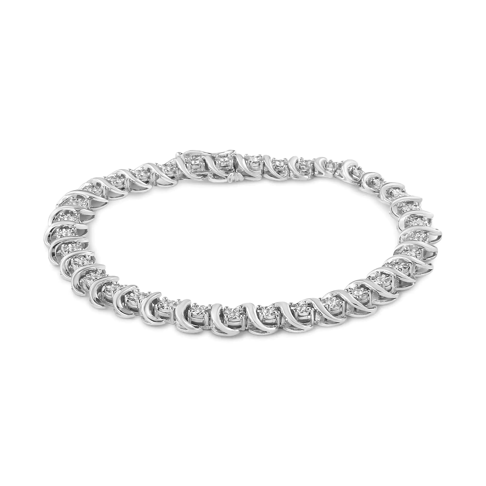 .925 Sterling Silver 1/3 Cttw Miracle-Set Diamond "S" Link Tennis Bracelet (I-J Color, I3 Clarity) - Size 7.25" - Evallys.com # #