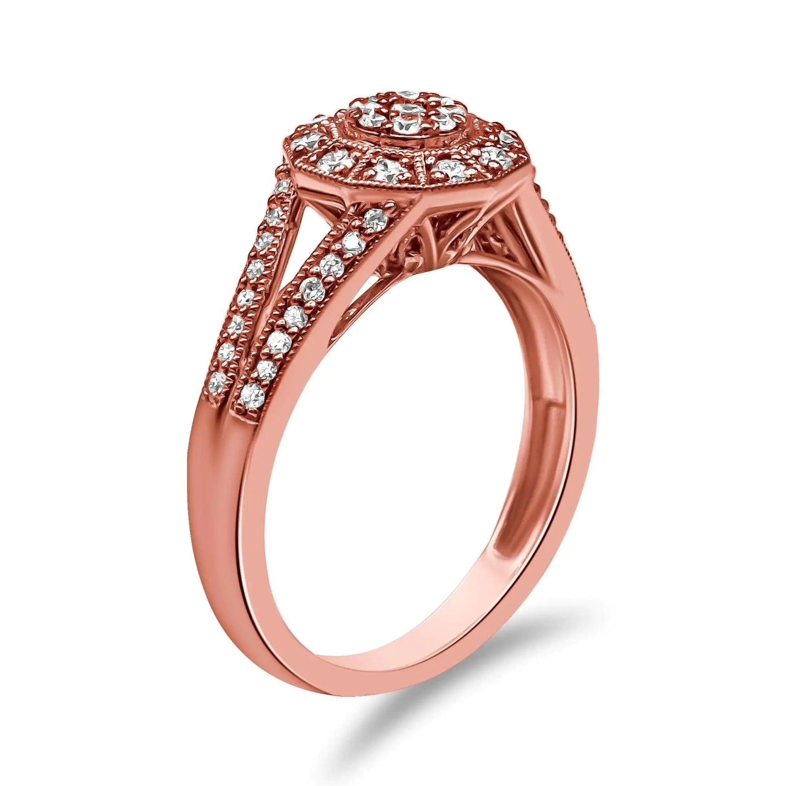 14K Rose Gold Plated .925 Sterling Silver 1/2 Cttw Pave Diamond Halo Cluster Split Shank Cocktail Ring (I-J Color, I1-I2 Clarity) - Evallys.com # #