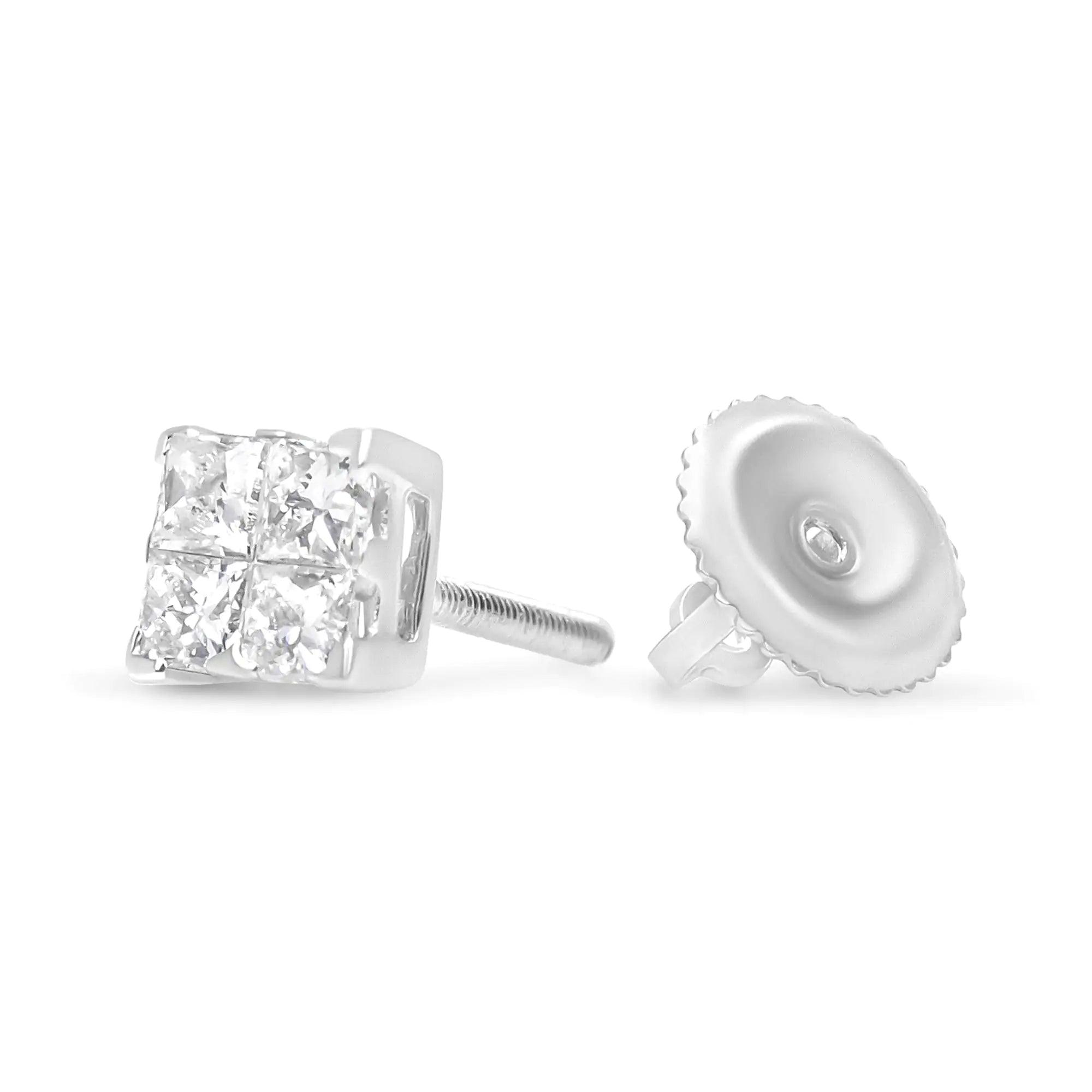 14K White Gold 1/2 Cttw Invisible-Set Princess Diamond Quad Cluster Stud Earrings (H-I Color, SI1-SI2 Clarity) - Evallys.com # #