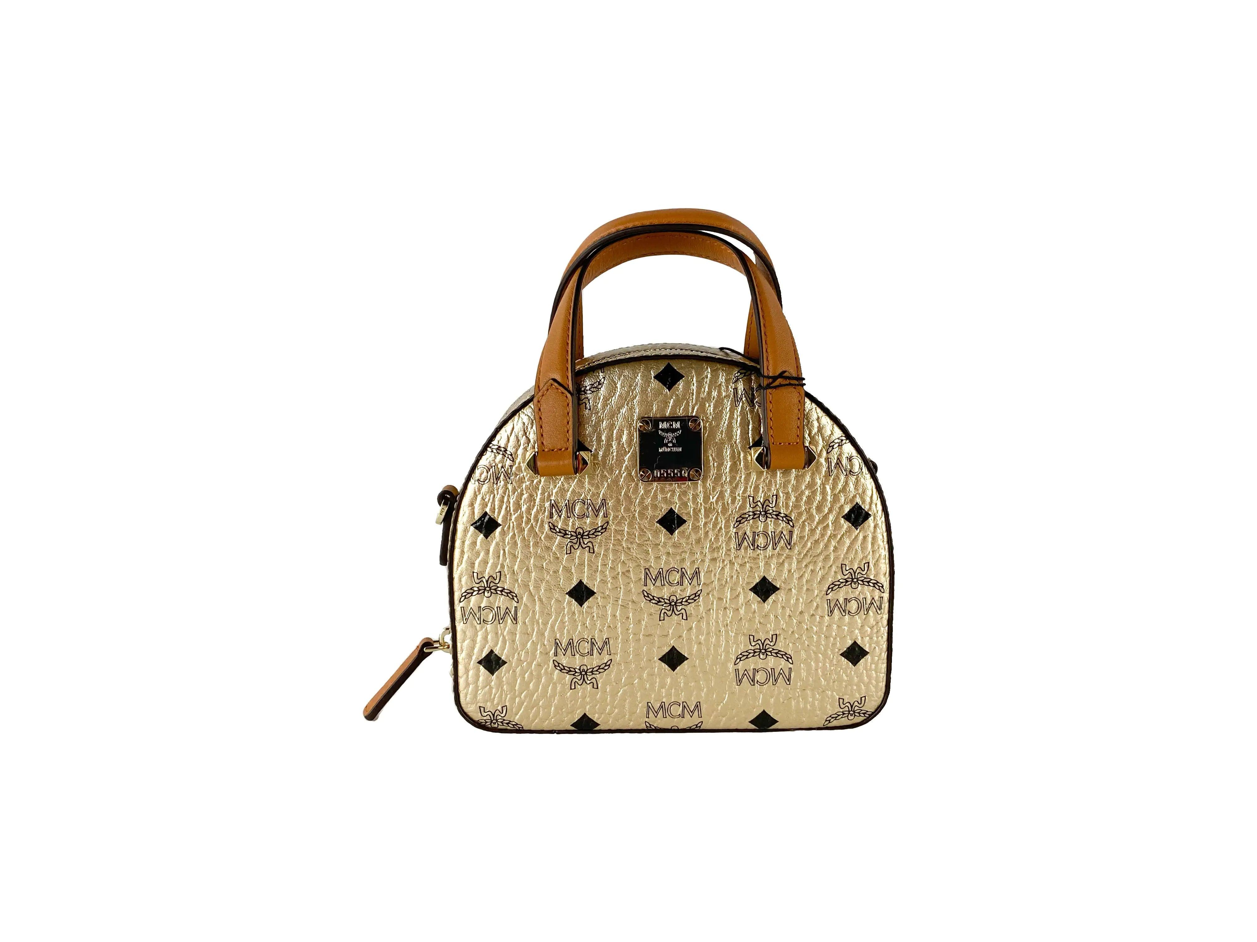 MCM Berlin Gold Leather Mini Round Top Tote Crossbody - Evallys.com # #