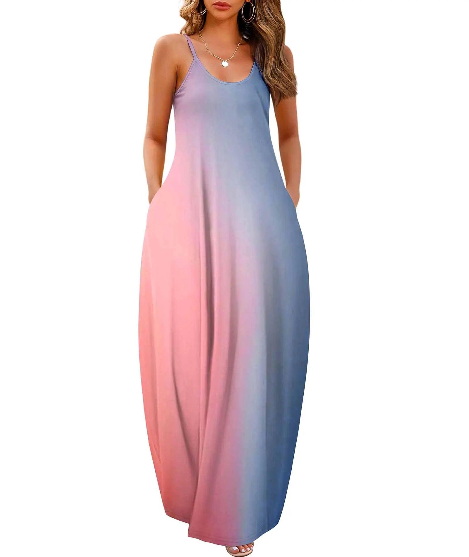 Wolddress Womens 2024 Casual Sleeveless Sundress Plus Size Loose Plain Long Summer Beach Maxi Dress with Pockets S-5X Large Gradient-babyblue Pink - Evallys.com