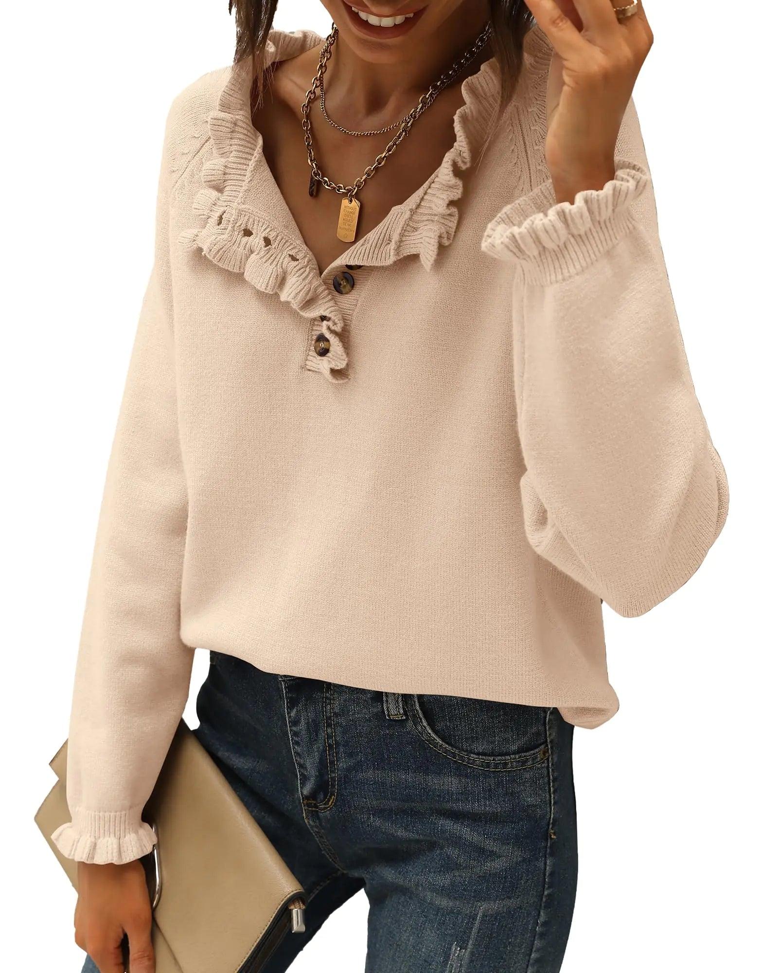 BTFBM 2024 Womens Sweaters Fall Winter Outfits Long Sleeve Button Down Ruffle Crew Neck Casual Knitted Pullover Tops Solid Beige Small - Evallys.com # #