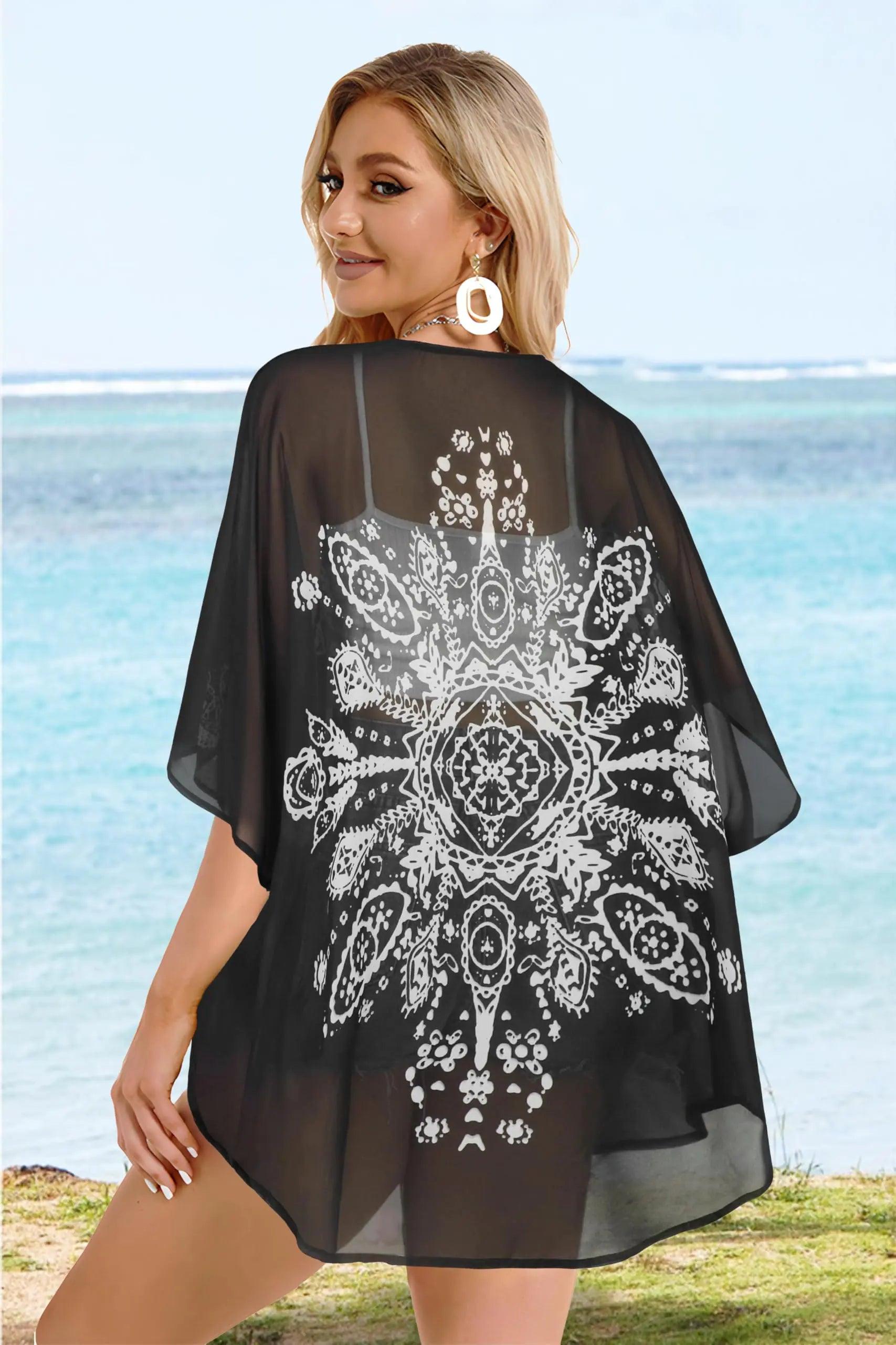 Women's Floral Print Puff Sleeve Kimono Cardigan Loose Cover Up Casual Blouse Tops Large Black - Evallys.com # #