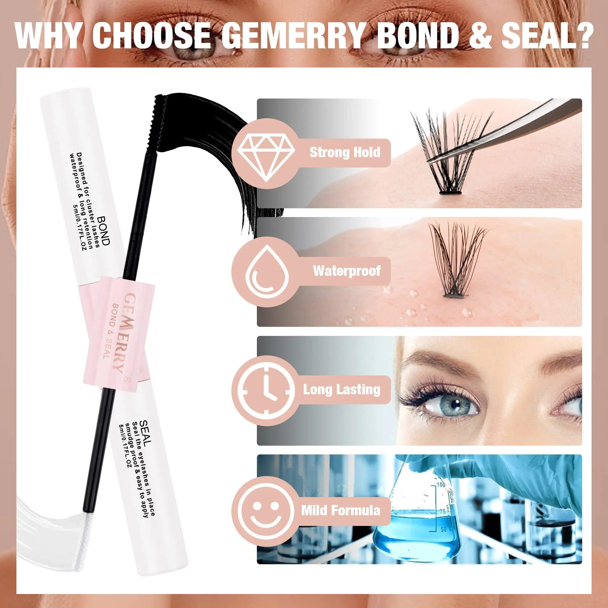 GEMERRY Lash Bond and Seal Cluster Lash Glue for Individual Lashes Long Retention 48-72 Hours Waterproof Individual Lash Glue for Lash Clusters DIY Eyelash Extensions Glue at Home 10ml BLACK BOND+CLEAR SEAL - Evallys.com # #