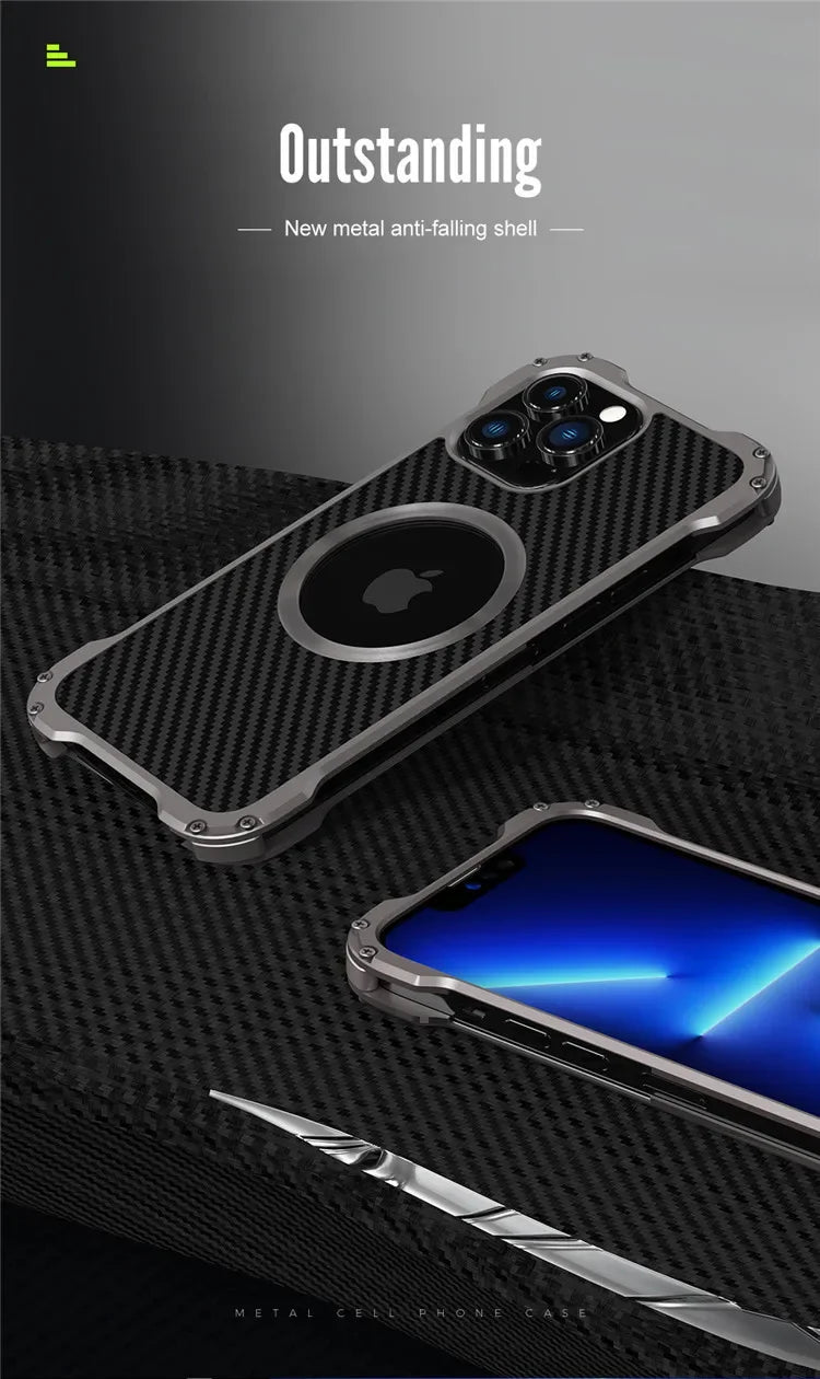 Carbon Fiber Lens Protection Phone Case for iPhone 14 Plus 12 13 Pro Max Mini Compatible with MagSafe Metal Bumpers Cover - Evallys.com