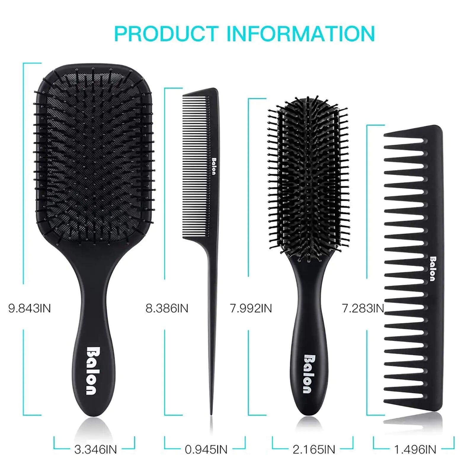 4Pcs Paddle Hair Brush, Detangling Brush and Hair Comb Set for Men and Women, Great On Wet or Dry Hair, No More Tangle Hairbrush for Long Thick Thin Curly Natural Hair Black - Evallys.com # #