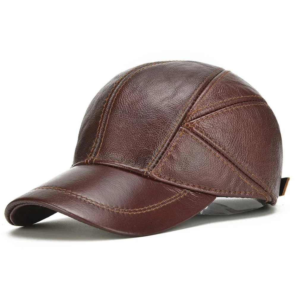Men’s Real Leather Earflap Baseball Cap – Winter Cowhide Hat - Evallys.com
