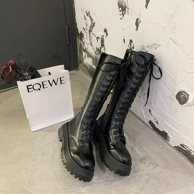 Women Motorcycle Boots Wedges Flat Shoes Woman High Heel Platform PU Leather Boots Lace Up Women Shoes Black Boots Girls2021 - Evallys.com