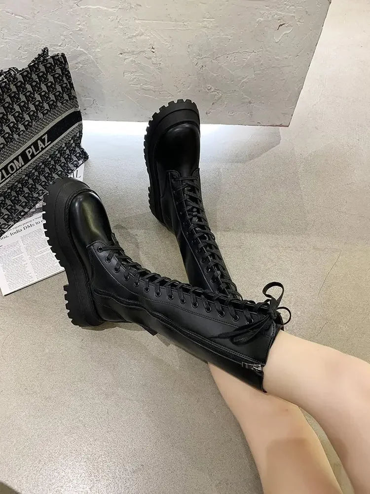 Women Motorcycle Boots Wedges Flat Shoes Woman High Heel Platform PU Leather Boots Lace Up Women Shoes Black Boots Girls2021 - Evallys.com
