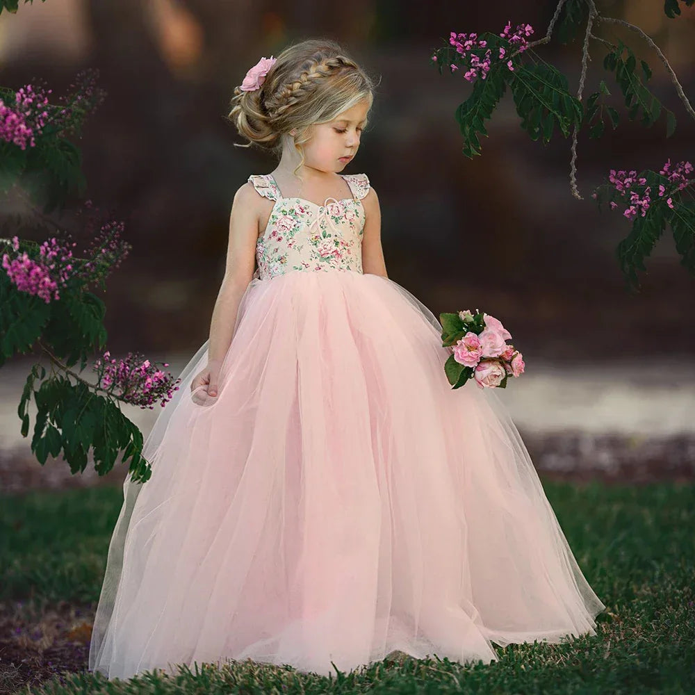 1-7 Year Kids Girls Princess Dress Evening Party Wedding Birthday Tulle Tutu Dresses Baby Girl Clothes Summer Long Maxi Dress - Evallys.com