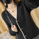 Women V-Neck Jacket 2025 Spring Autumn New Cotton Cardigan Knit Jacket Female Button Sweater Loose Shor Outer beige black A559 - Evallys.com
