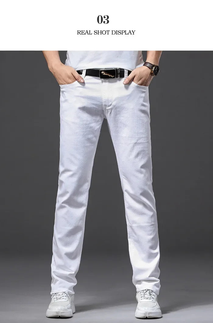 Men White Jeans Fashion Casual Classic Style Slim Fit Soft Trousers Male Brand Advanced Stretch Pants - Evallys.com