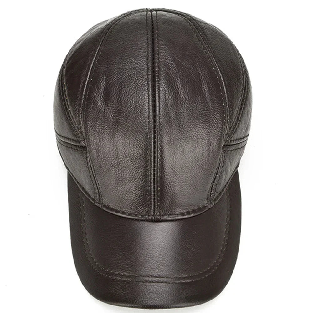 Men’s Real Leather Earflap Baseball Cap – Winter Cowhide Hat - Evallys.com