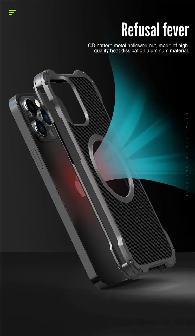Carbon Fiber Lens Protection Phone Case for iPhone 14 Plus 12 13 Pro Max Mini Compatible with MagSafe Metal Bumpers Cover - Evallys.com