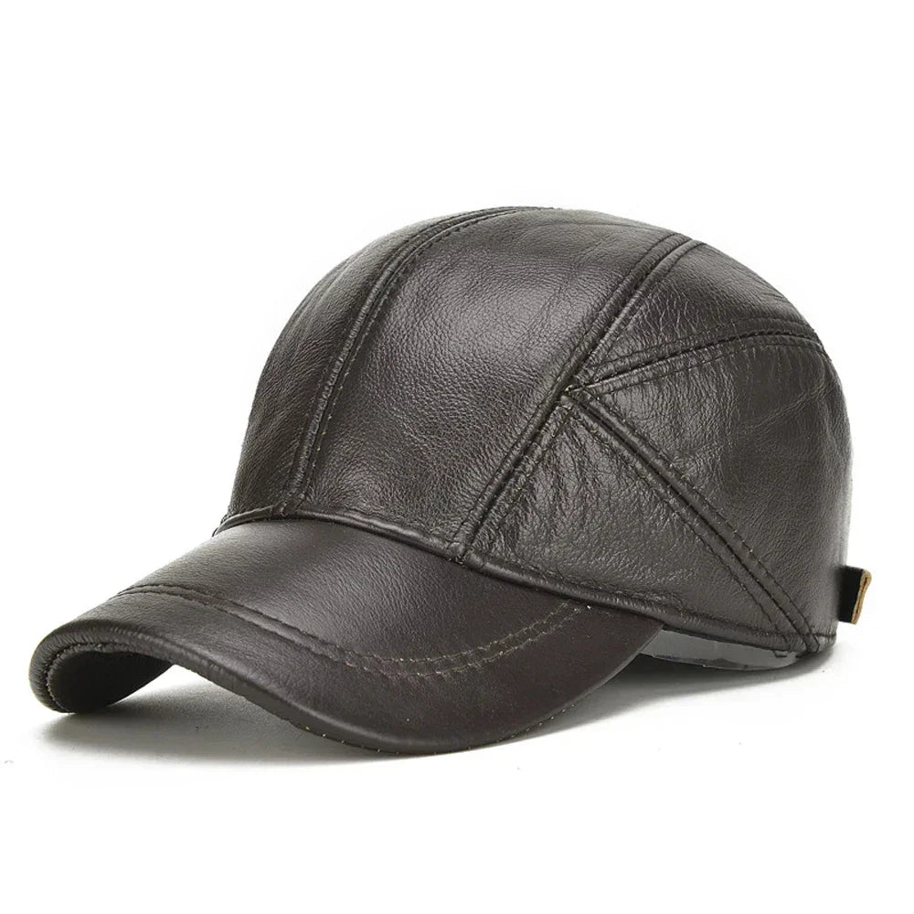Men’s Real Leather Earflap Baseball Cap – Winter Cowhide Hat - Evallys.com