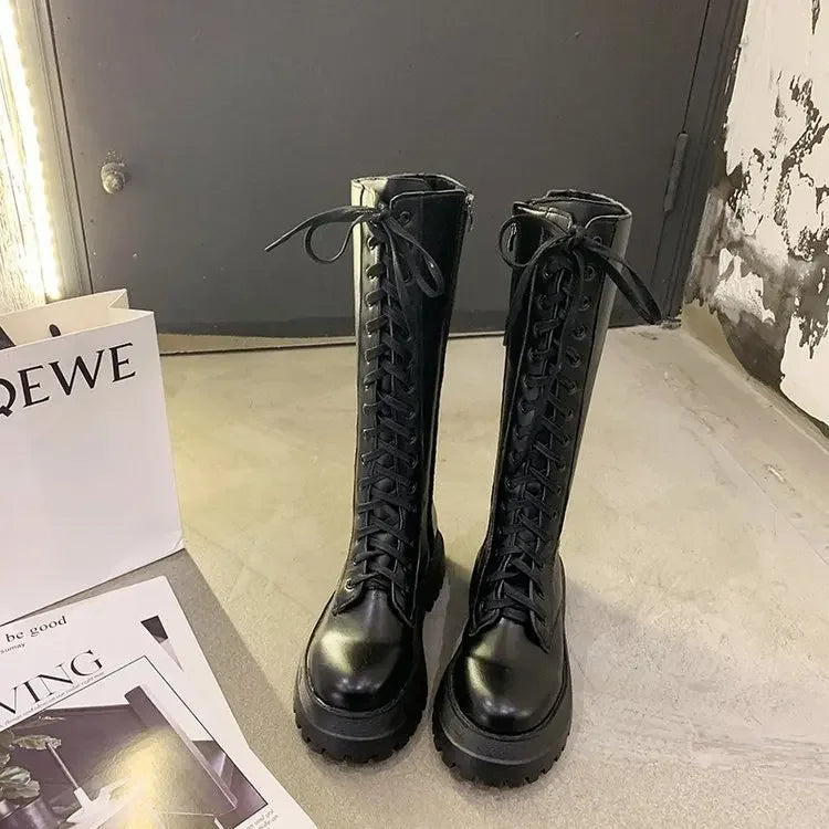 Women Motorcycle Boots Wedges Flat Shoes Woman High Heel Platform PU Leather Boots Lace Up Women Shoes Black Boots Girls2021 - Evallys.com