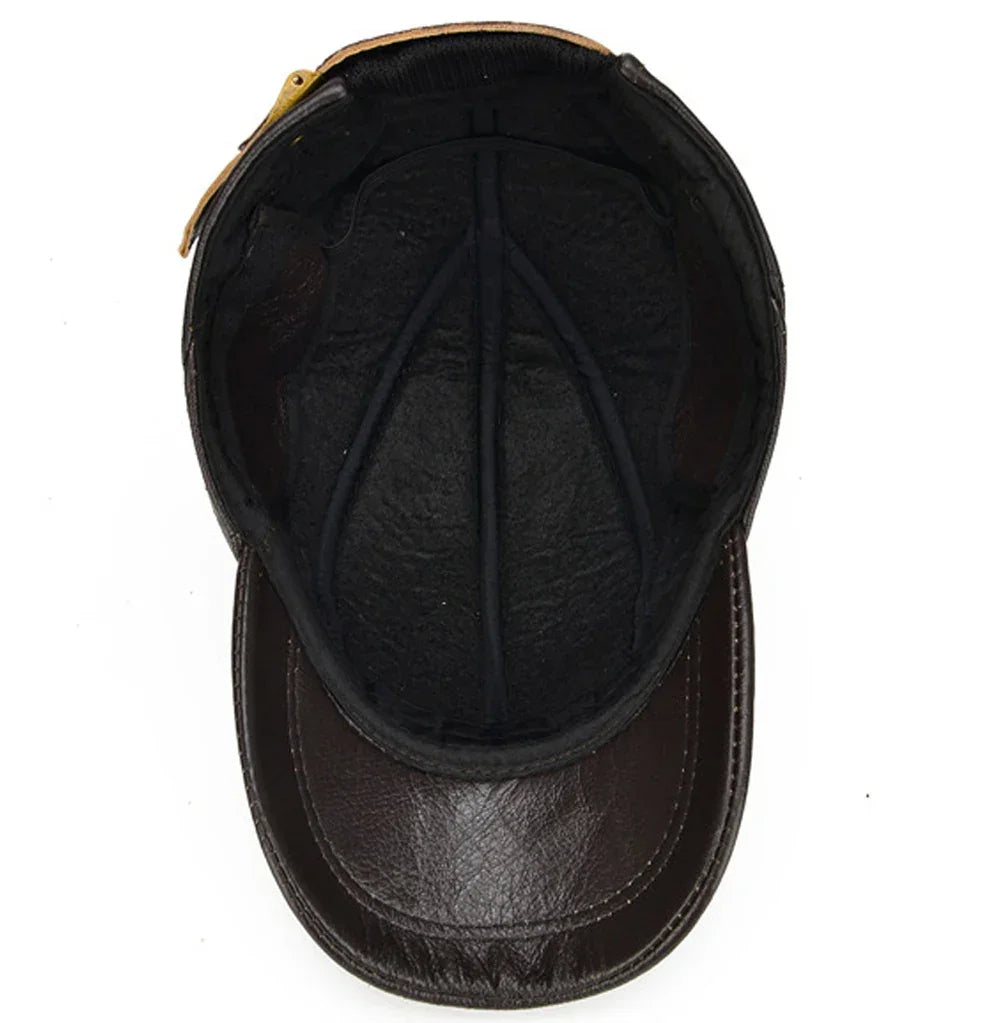 Men’s Real Leather Earflap Baseball Cap – Winter Cowhide Hat - Evallys.com