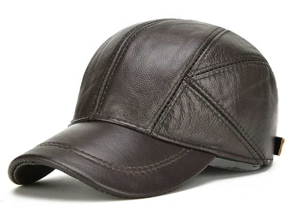 Men’s Real Leather Earflap Baseball Cap – Winter Cowhide Hat - Evallys.com