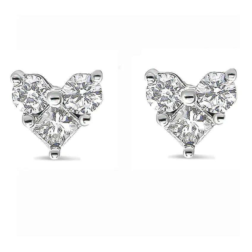 10K White Gold Diamond 3 Stone Trio Heart Stud Earring (I-J Color, I1-I2 Clarity) - Evallys.com # #