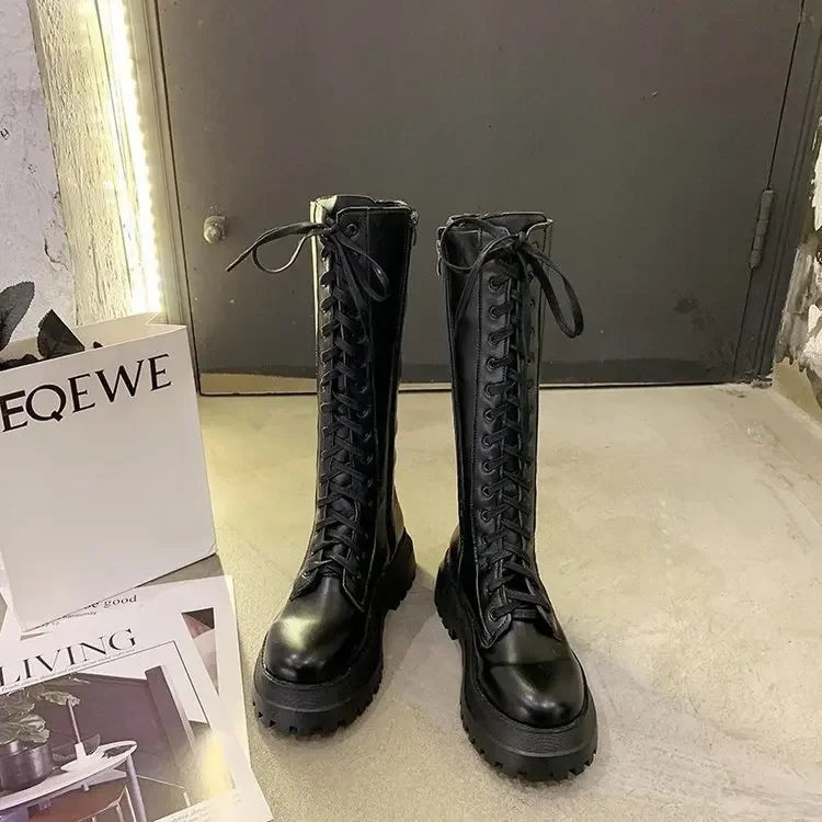 Women Motorcycle Boots Wedges Flat Shoes Woman High Heel Platform PU Leather Boots Lace Up Women Shoes Black Boots Girls2021 - Evallys.com